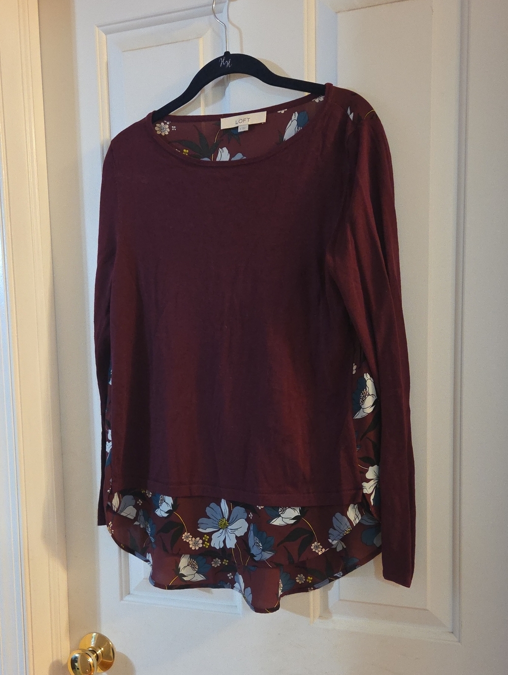 LOFT Maroon Mixed Media Floral-Hem Long Sleeve Top Small